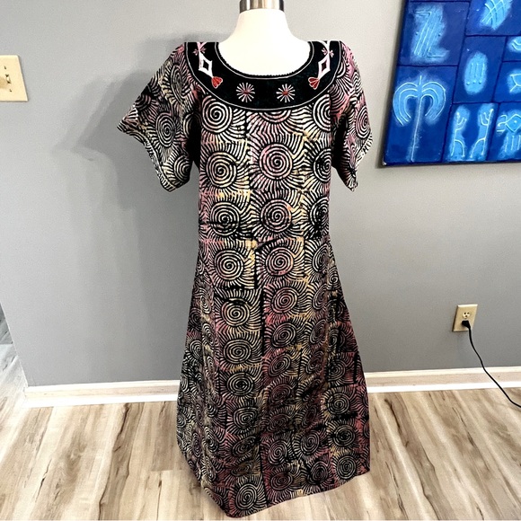 Women’s African Adire Ankara dress w/Head Wrap Pink and Deep Blue-Green - Picture 2 of 10